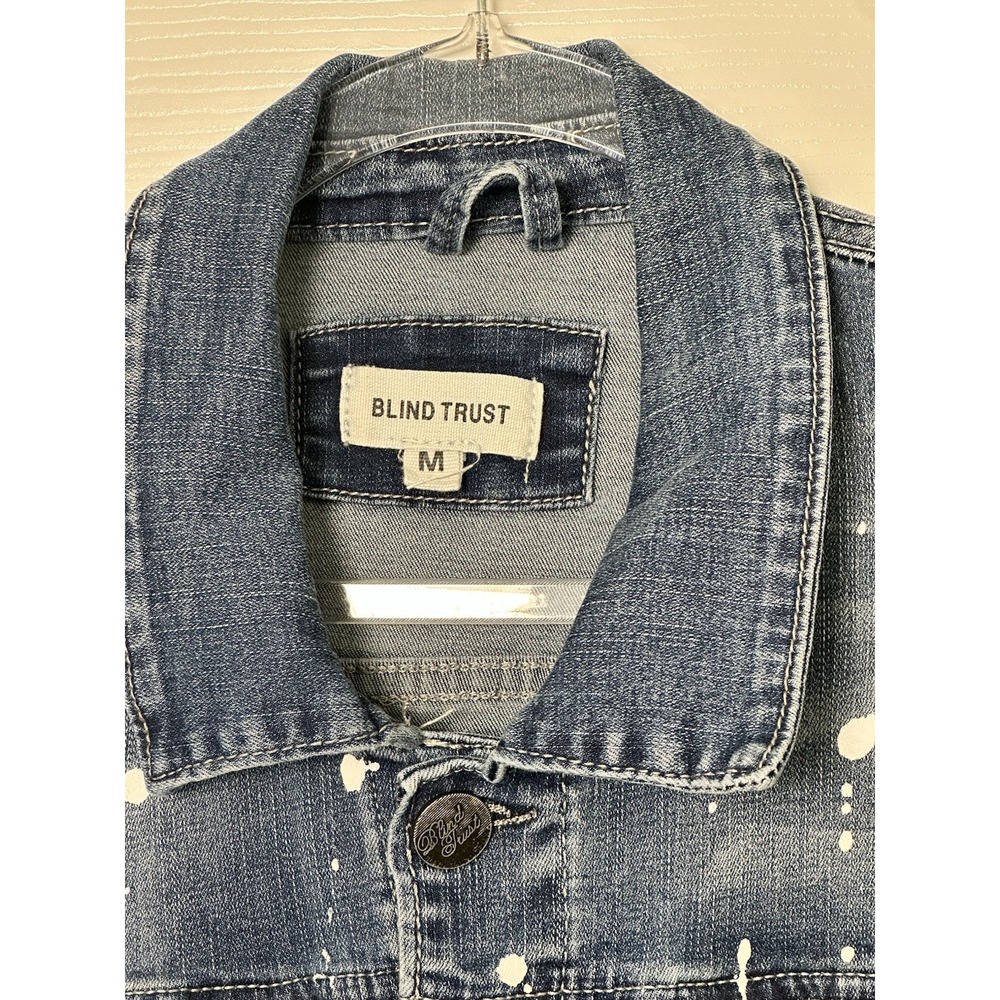 Blind Trust Denim Jean Jacket Distressed Splatter Paint Women's Size Medium Blue - Picture 3 of 12